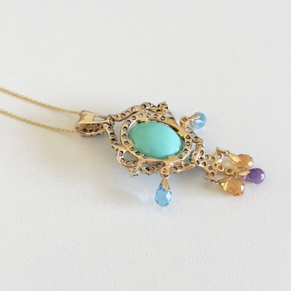 14k Yellow Gold Turquoise Multi Gemstone Chandelier Pendant Chain Necklace 18" - Picture 13 of 16